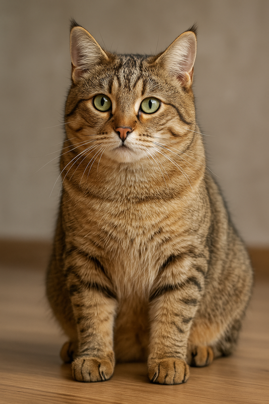 Pixiebob Katze mit getupftem Fell und kurzem Schwanz sitzt aufmerksam auf einem Holzfußboden und blickt neugierig in die Kamera.