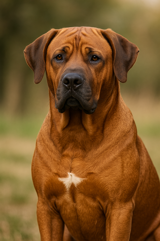 Ein Tosa Inu sitzt im Freien, sein rotbraunes, glänzendes Fell und die kräftige Muskulatur sind deutlich zu sehen. Der Hund blickt ruhig und aufmerksam in die Kamera. Im Hintergrund erkennt man eine weiche, natürliche Wiesen- und Baumlandschaft.