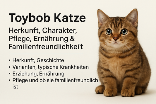 Toybob Katze auf hellem Hintergrund, klein und kurzschwänzig mit großen blauen Augen. Links daneben Text mit Stichpunkten zu Herkunft, Charakter, Pflege, Ernährung und Familienfreundlichkeit – informatives und freundliches Rassebild.