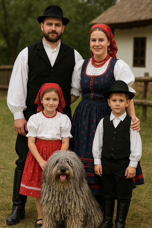 ChatGPT:  Ungarische Familie in traditioneller Tracht steht vor einem weißen Haus mit Strohdach, daneben sitzt ein grauer Puli mit typischem schnurartigem Fell.