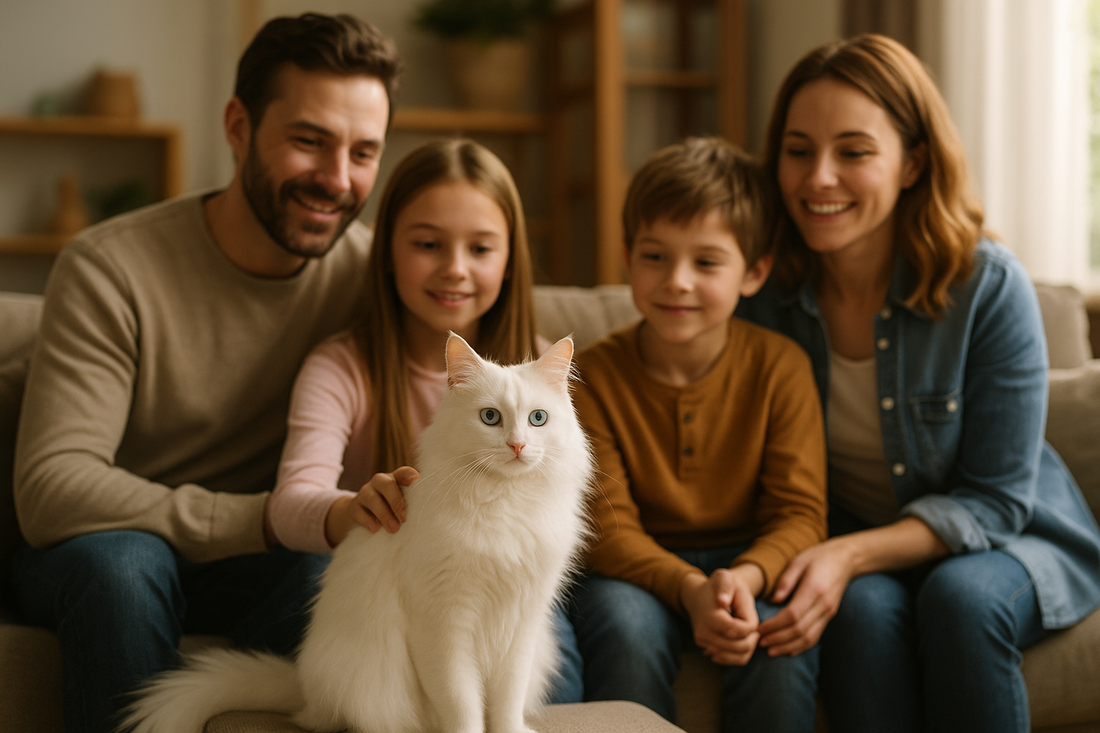 Familie mit zwei Kindern sitzt auf dem Sofa und streichelt eine weiße Türkisch Angora Katze mit blauen Augen im Wohnzimmer