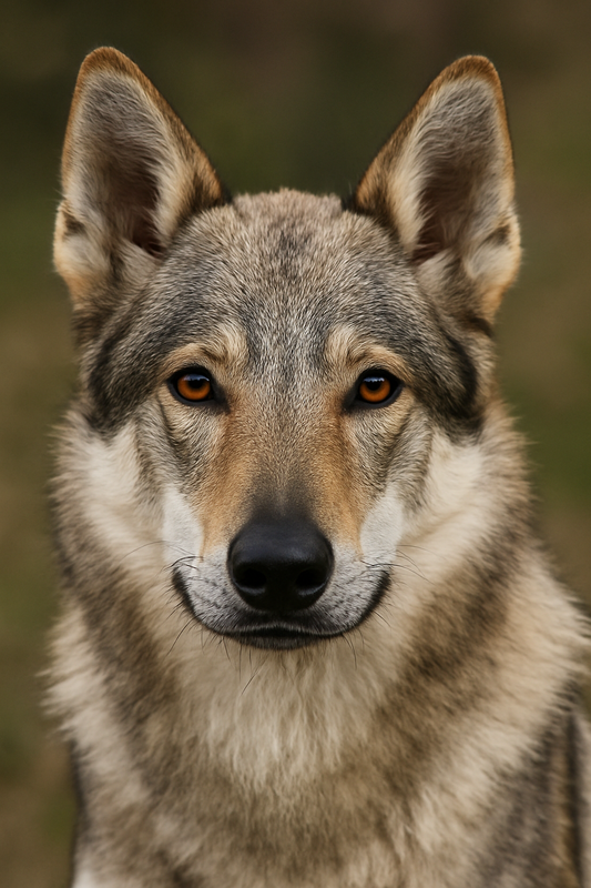 Nahaufnahme eines Wolfshundes mit wunderschönen, bernsteinbraunen Augen. Das dichte graubraune Fell leuchtet im natürlichen Licht, der Hund blickt ruhig und aufmerksam in die Kamera vor einem weichen, leicht verschwommenen Waldhintergrund.