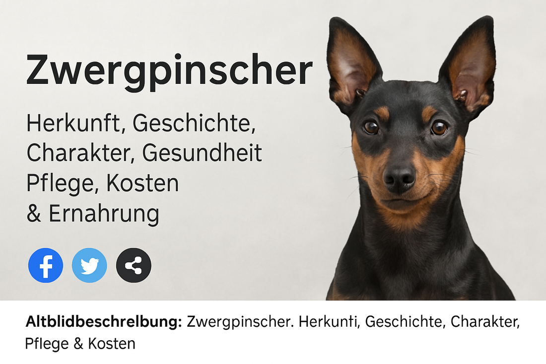 Zwergpinscher mit glänzend schwarzem Fell und roten Abzeichen, aufmerksam nach vorne blickend. Bildtext: „Zwergpinscher – Herkunft, Geschichte, Charakter, Gesundheit, Pflege, Kosten & Ernährung“, mit Social-Media-Symbolen zum Teilen.
