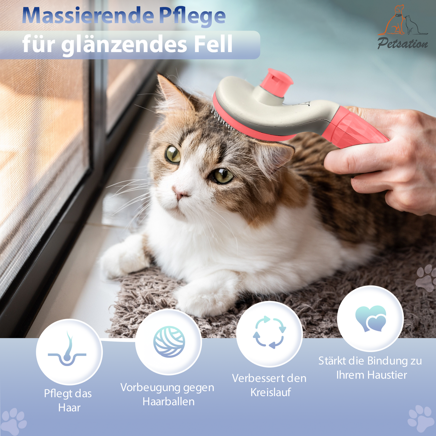 PETSATION Tierbürste mit One-Touch-Reinigung für Hunde und Katzen –  Pink