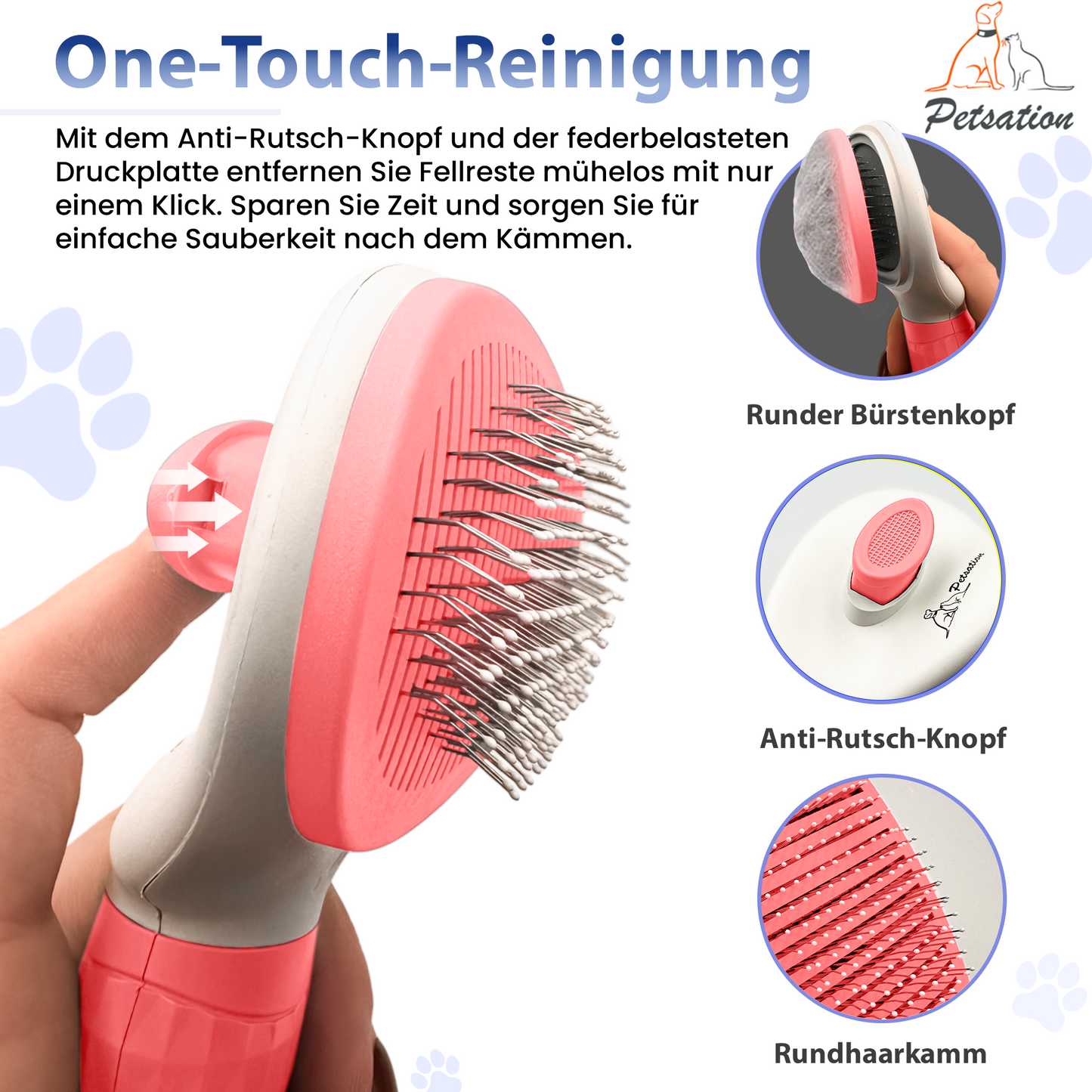 PETSATION Tierbürste mit One-Touch-Reinigung für Hunde und Katzen –  Pink