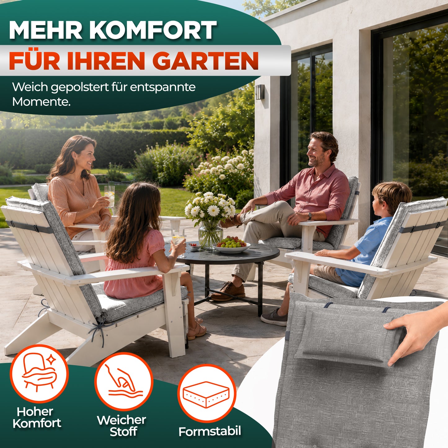 Hochlehnerauflage Hochlehnerauflage 8 cm Dick – Gartenstuhlauflage mit Kopfpolster, (4 St), mit Kopfteil, Pflegeleicht, Komfortpolsterung, Befestigungsbänder