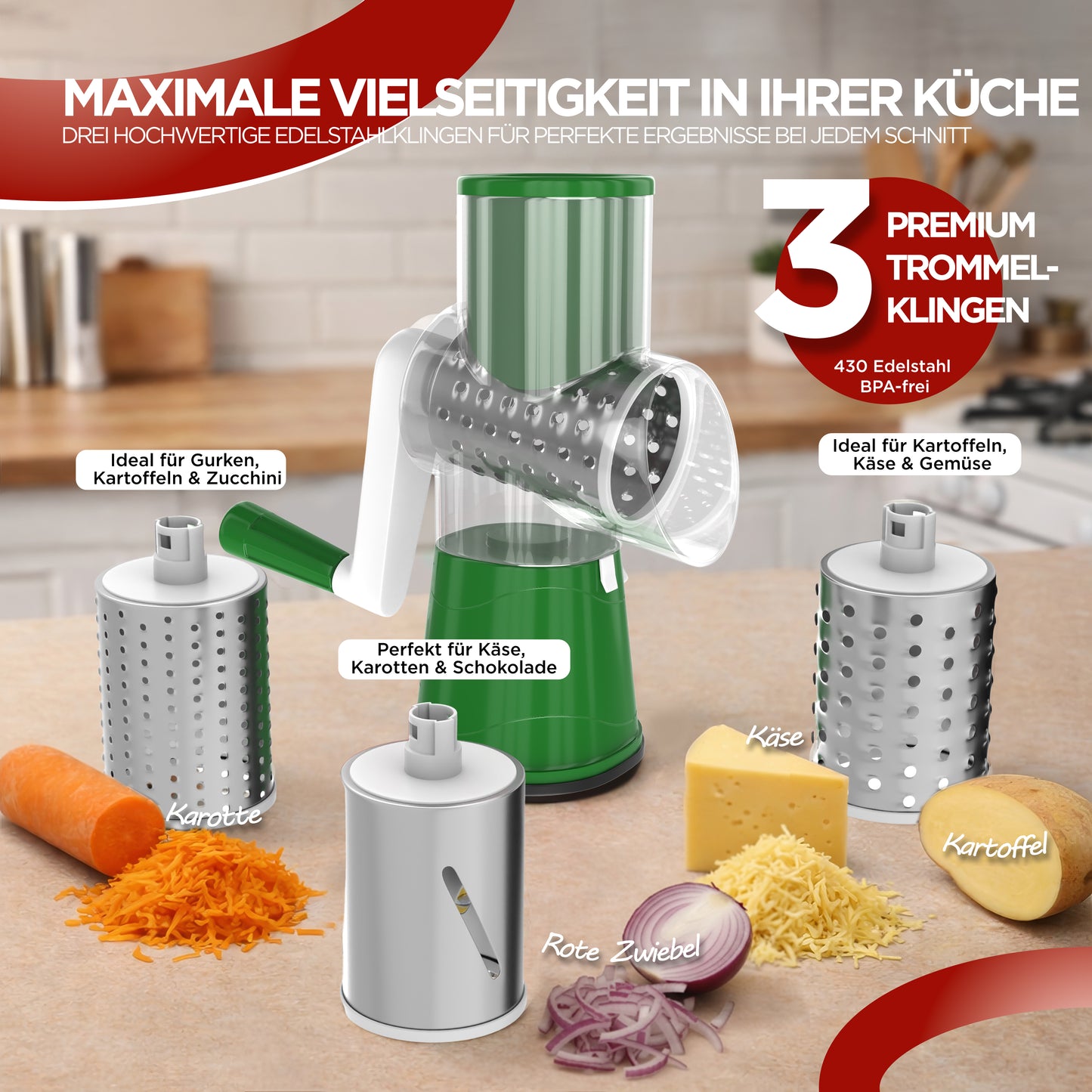 Gemüseschneider mit Kurbel | Manuelle Trommelreibe mit 3 Edelstahl-Klingen | Gemüsehobel & Käsereibe für Gemüse, Käse, Kartoffeln, Gurken & Nüsse