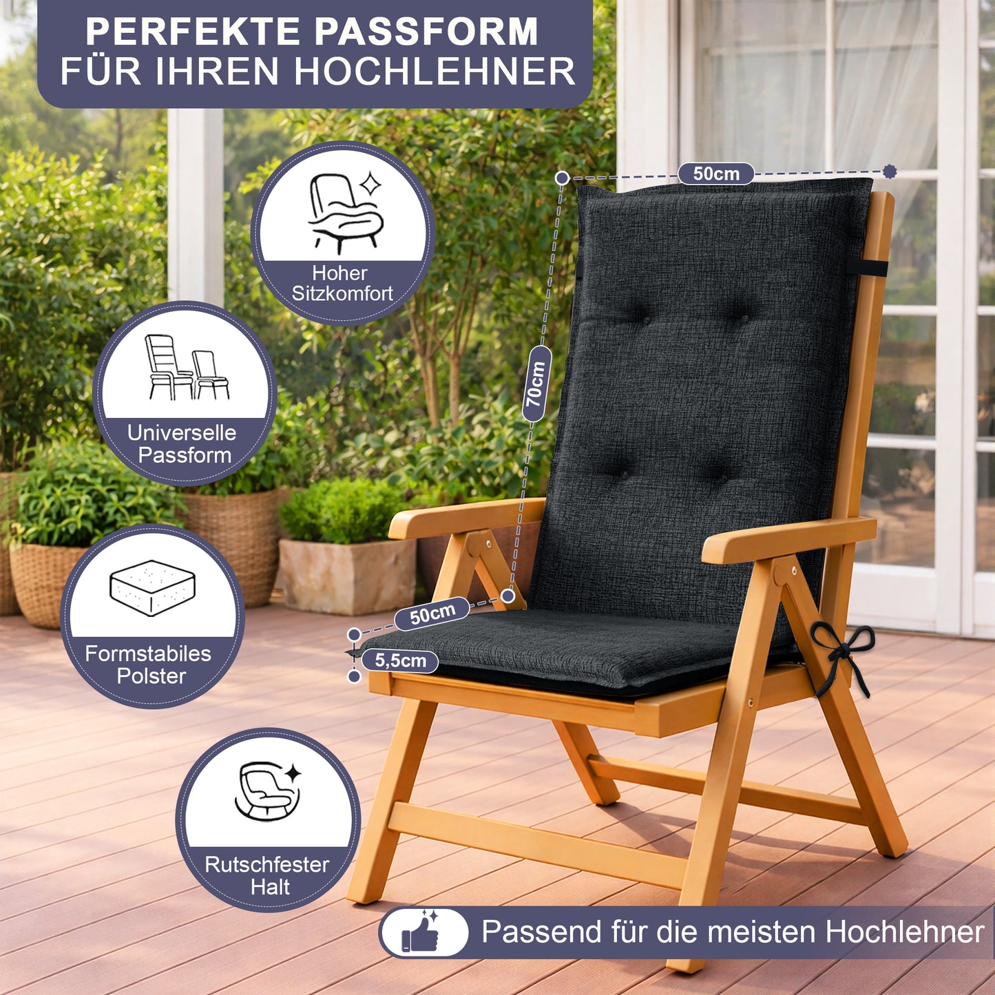 Relexo Hochlehner Auflage – Gartenstuhlauflage Hochlehner, Sitzkissen Stuhl, Stuhlkissen & Outdoor Kissen für Gartenmöbel