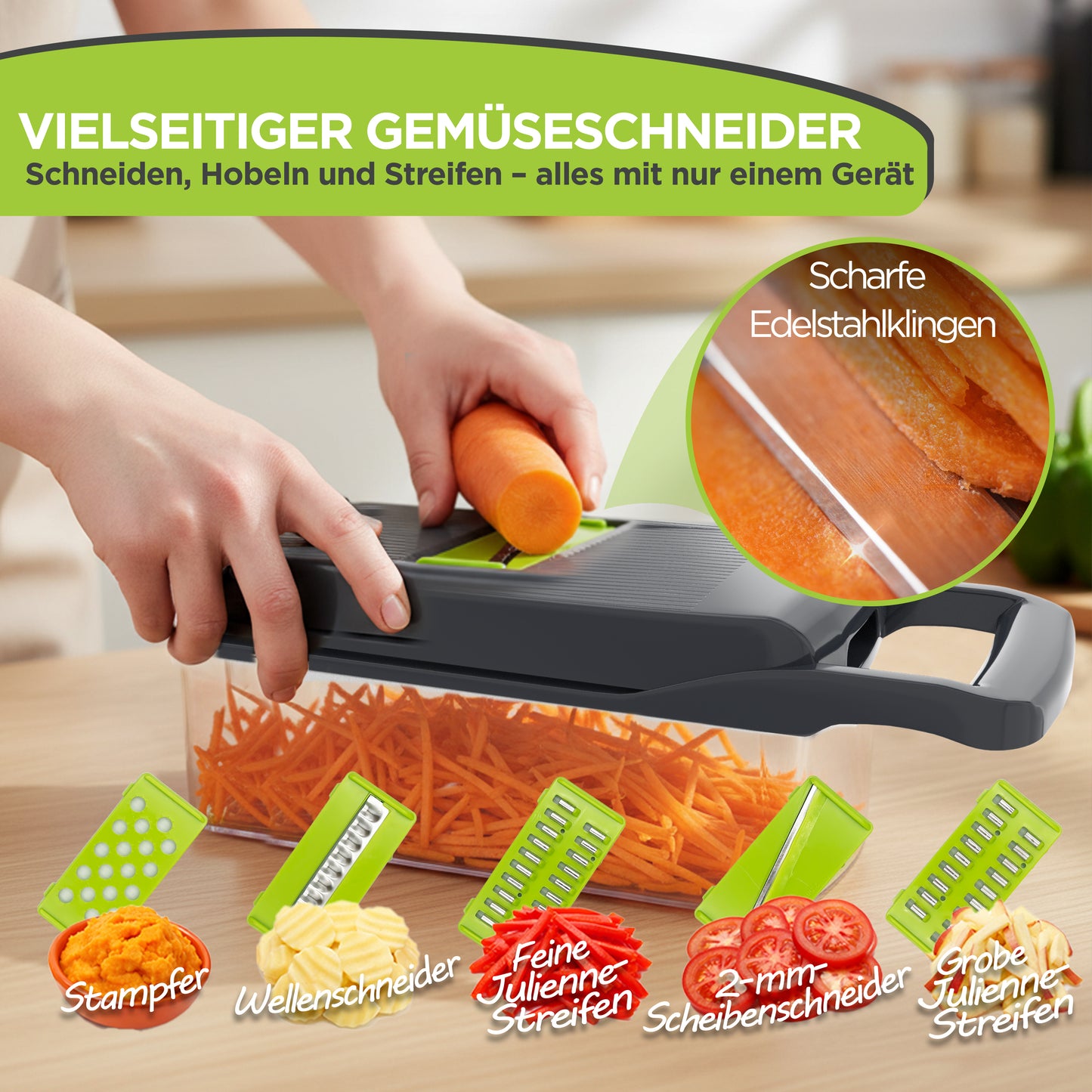 All-in-One Gemüseschneider 13-in-1 – Multifunktionaler Küchenhobel mit Auffangbehälter & Edelstahlklingen