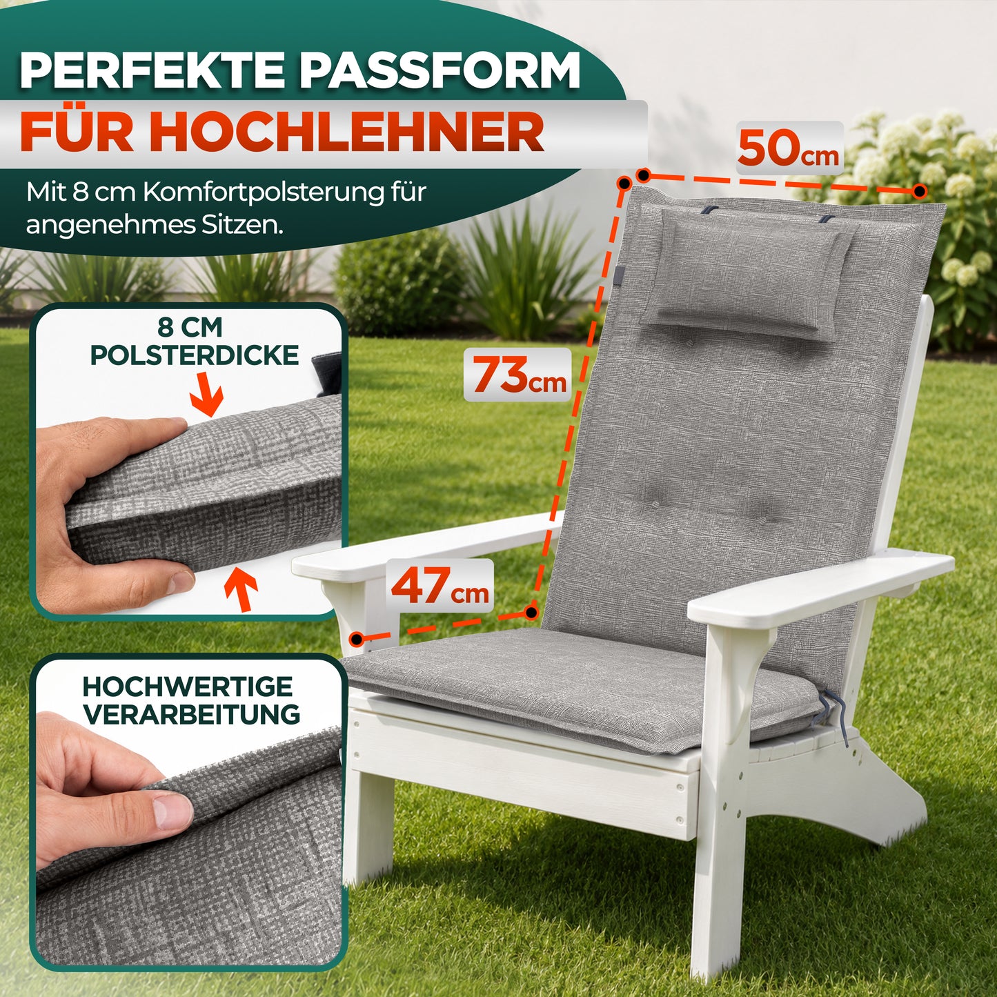 Hochlehnerauflage Hochlehnerauflage 8 cm Dick – Gartenstuhlauflage mit Kopfpolster, (4 St), mit Kopfteil, Pflegeleicht, Komfortpolsterung, Befestigungsbänder
