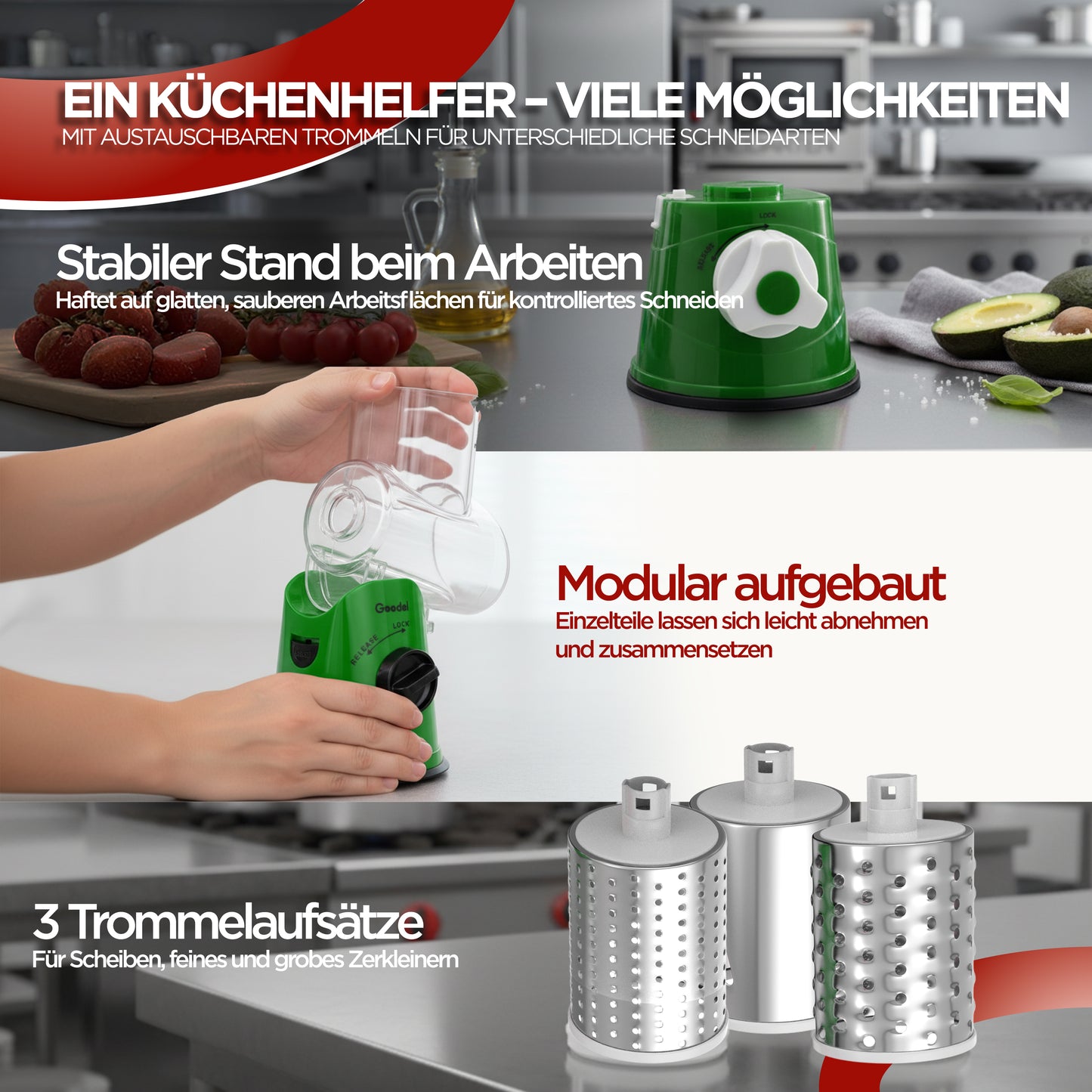 Gemüseschneider mit Kurbel | Manuelle Trommelreibe mit 3 Edelstahl-Klingen | Gemüsehobel & Käsereibe für Gemüse, Käse, Kartoffeln, Gurken & Nüsse