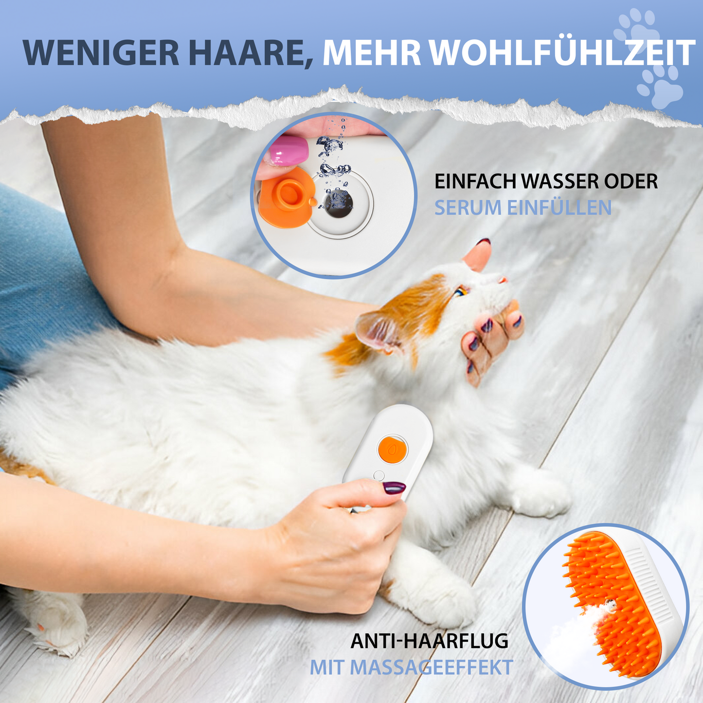 3-in-1 Dampf-Bürste für Katzen & Hunde – Entfilzung & Reinigung - weiß