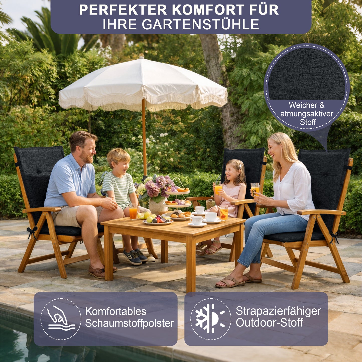 Relexo Hochlehner Auflage – Gartenstuhlauflage Hochlehner, Sitzkissen Stuhl, Stuhlkissen & Outdoor Kissen für Gartenmöbel