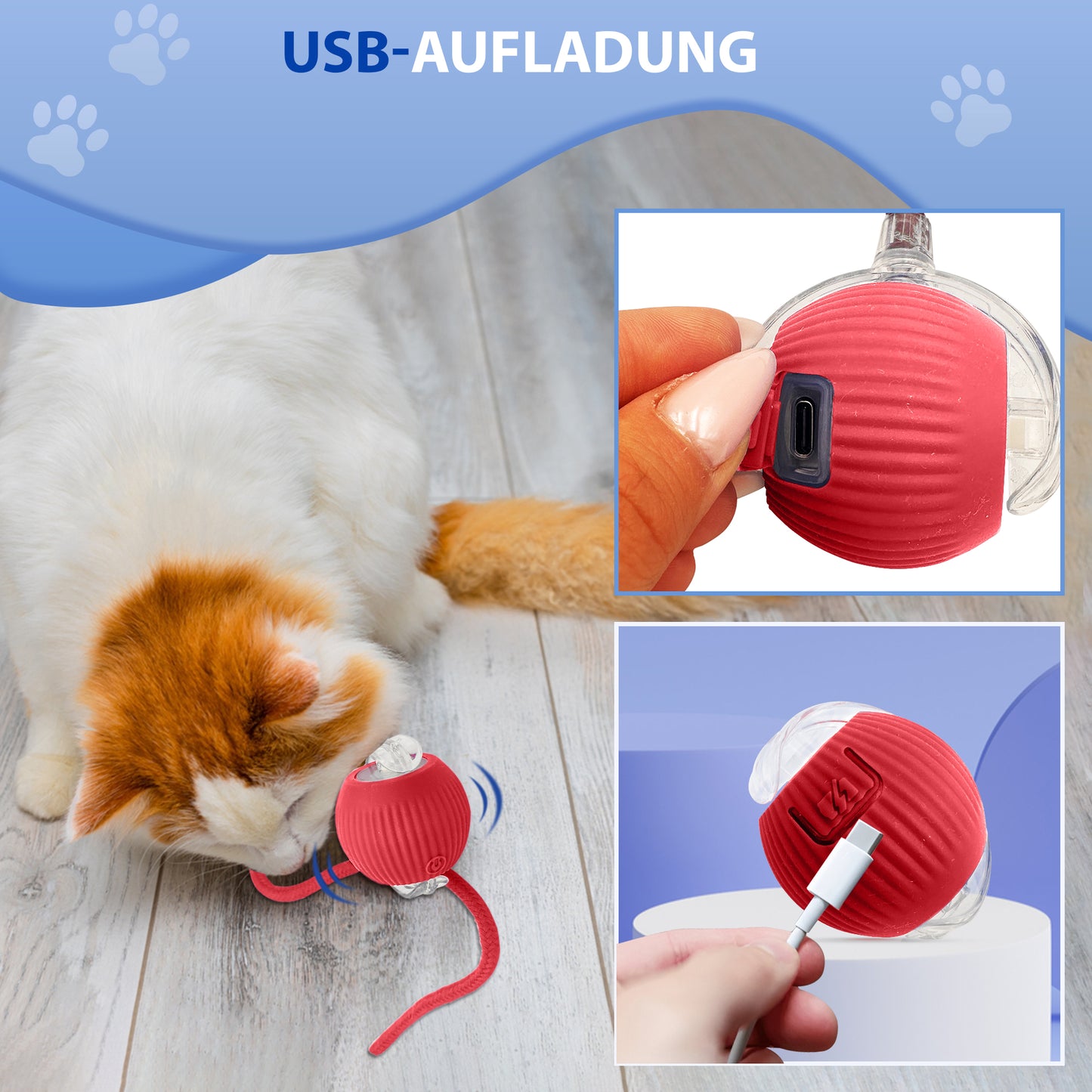 Automatisches Katzenspielzeug mit LED, Bewegung, interaktiv & sicher - Rot