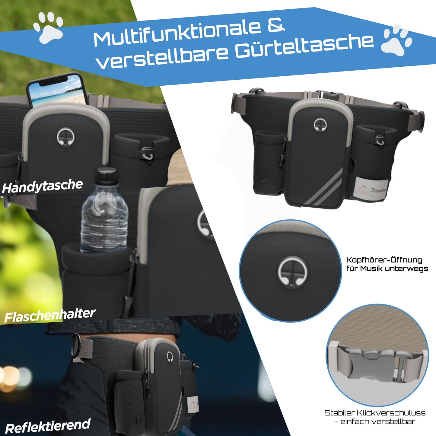 3-in-1 Hands-Free Hundeleine mit Bauchgurt & Hüfttasche – Joggen, Wandern & Training
