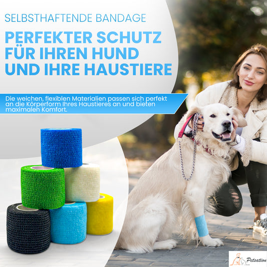 Petsation Bandagen farbig 6er Box – selbsthaftend, elastisch, atmungsaktiv, 5 cm x 4,5 m, ideal für Hunde, Katzen, Pferde – Tierbandage zur Wundversorgung, Pfotenschutz & Stabilisierung – buntes Set