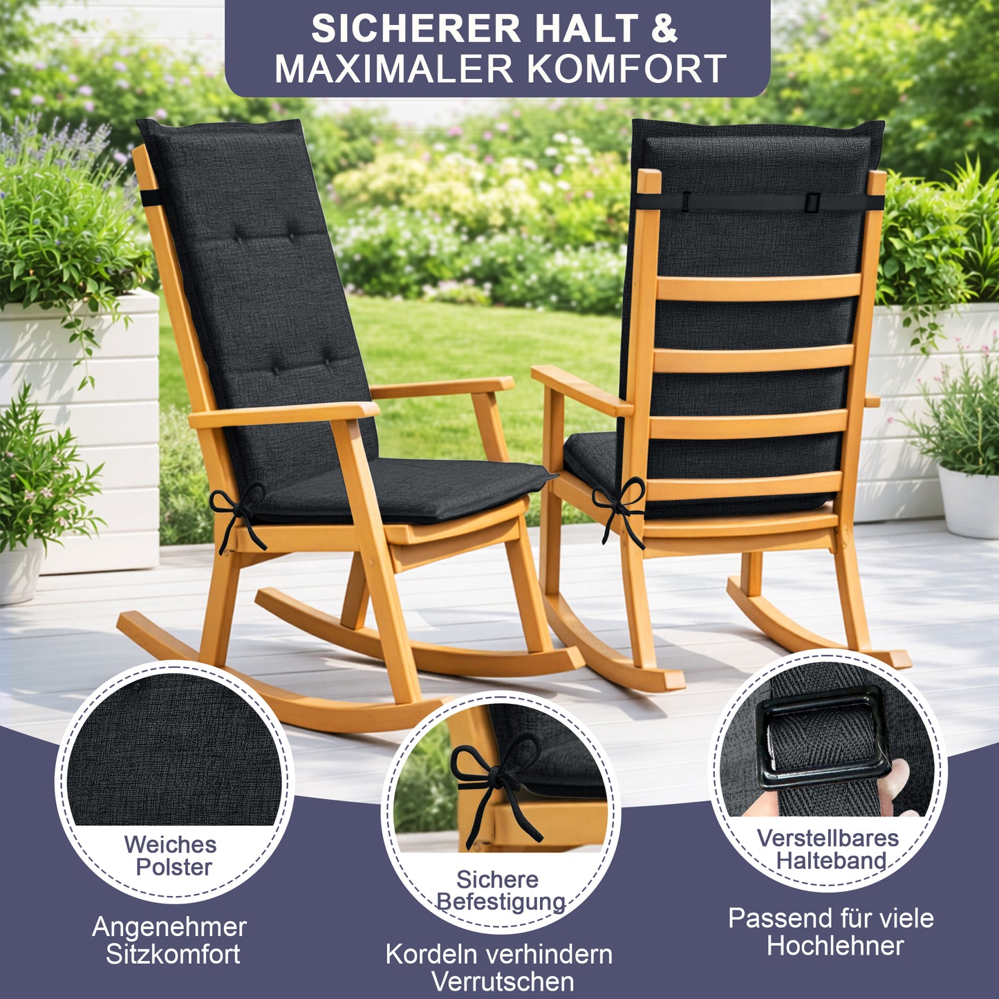 Relexo Hochlehner Auflage – Gartenstuhlauflage Hochlehner, Sitzkissen Stuhl, Stuhlkissen & Outdoor Kissen für Gartenmöbel