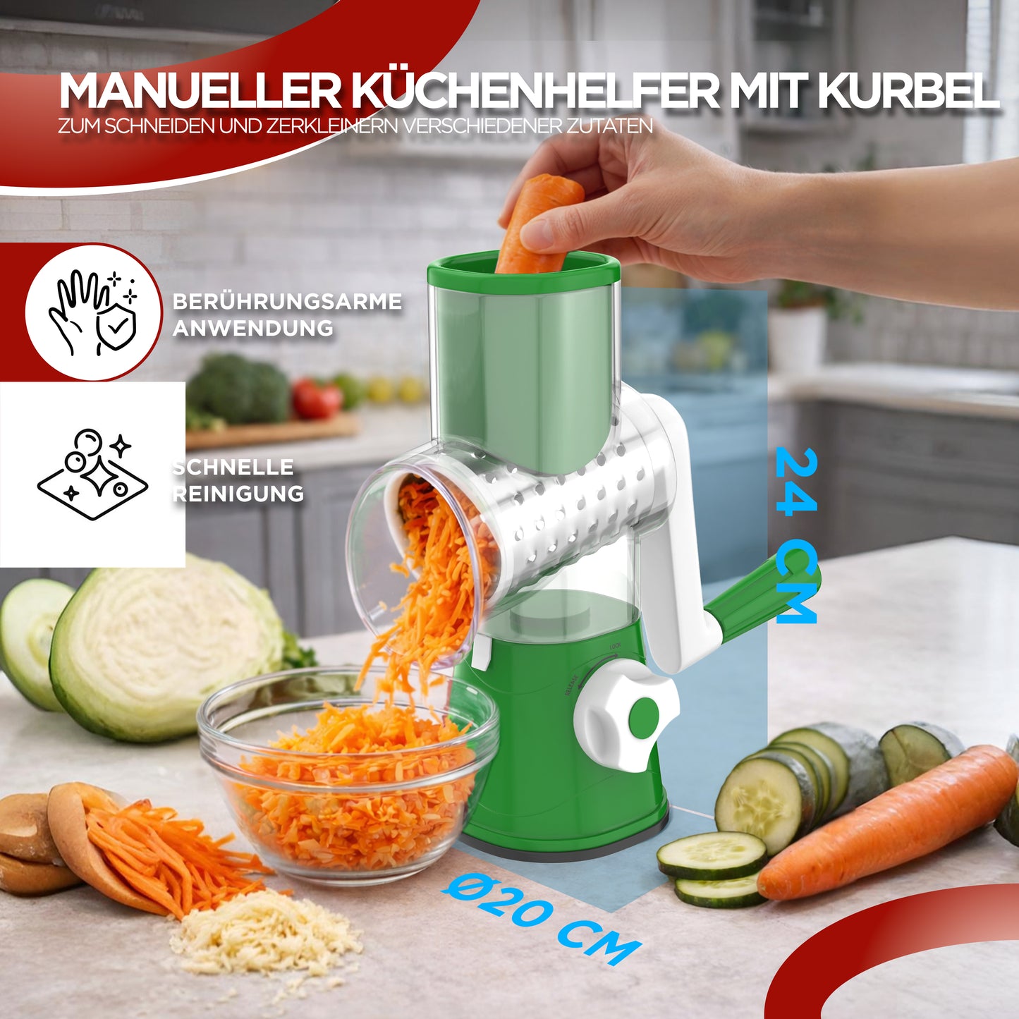 Gemüseschneider mit Kurbel | Manuelle Trommelreibe mit 3 Edelstahl-Klingen | Gemüsehobel & Käsereibe für Gemüse, Käse, Kartoffeln, Gurken & Nüsse
