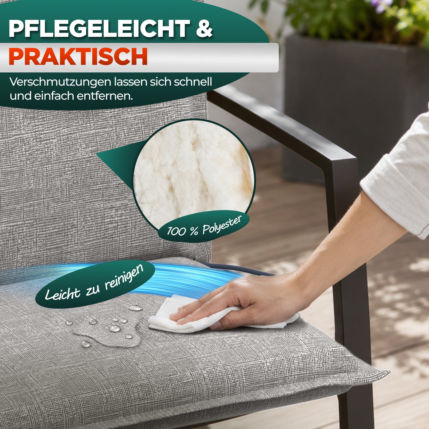 Hochlehnerauflage Hochlehnerauflage 8 cm Dick – Gartenstuhlauflage mit Kopfpolster, (4 St), mit Kopfteil, Pflegeleicht, Komfortpolsterung, Befestigungsbänder