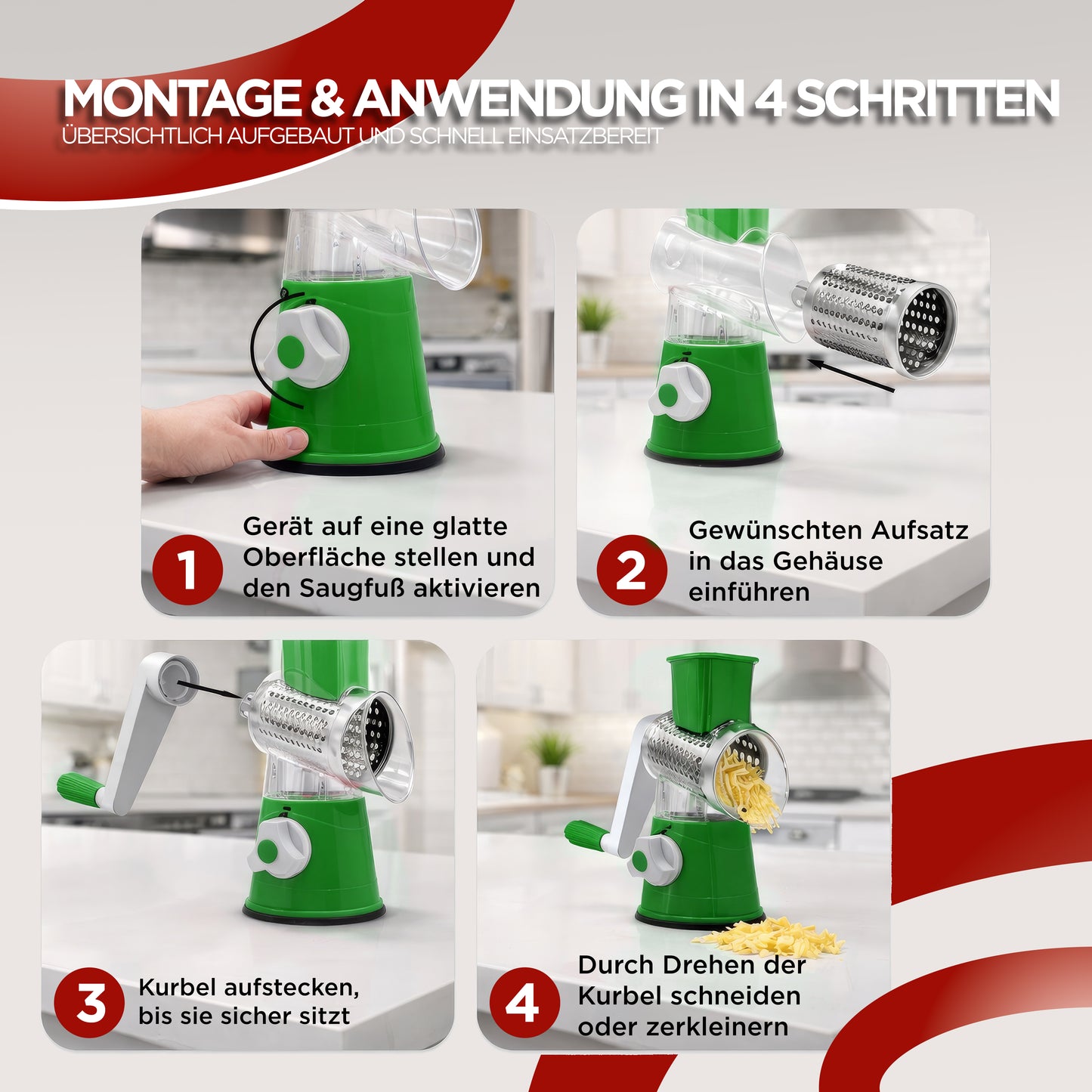 Gemüseschneider mit Kurbel | Manuelle Trommelreibe mit 3 Edelstahl-Klingen | Gemüsehobel & Käsereibe für Gemüse, Käse, Kartoffeln, Gurken & Nüsse
