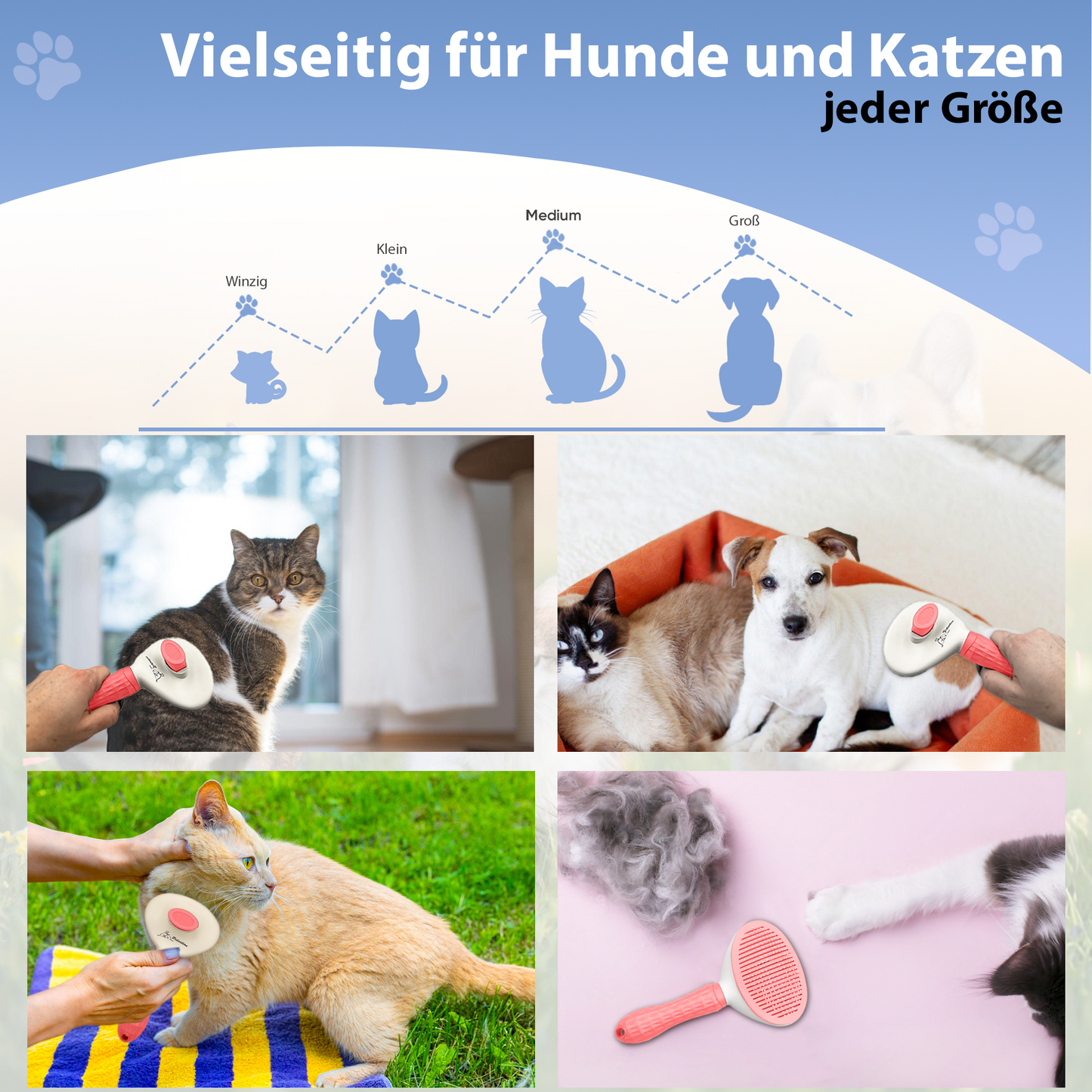 PETSATION Tierbürste mit One-Touch-Reinigung für Hunde und Katzen –  Pink
