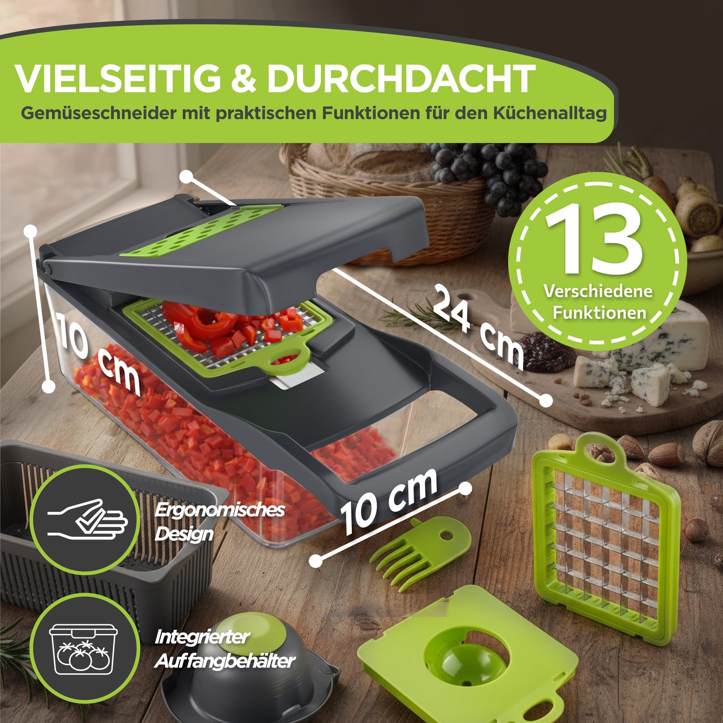 All-in-One Gemüseschneider 13-in-1 – Multifunktionaler Küchenhobel mit Auffangbehälter & Edelstahlklingen