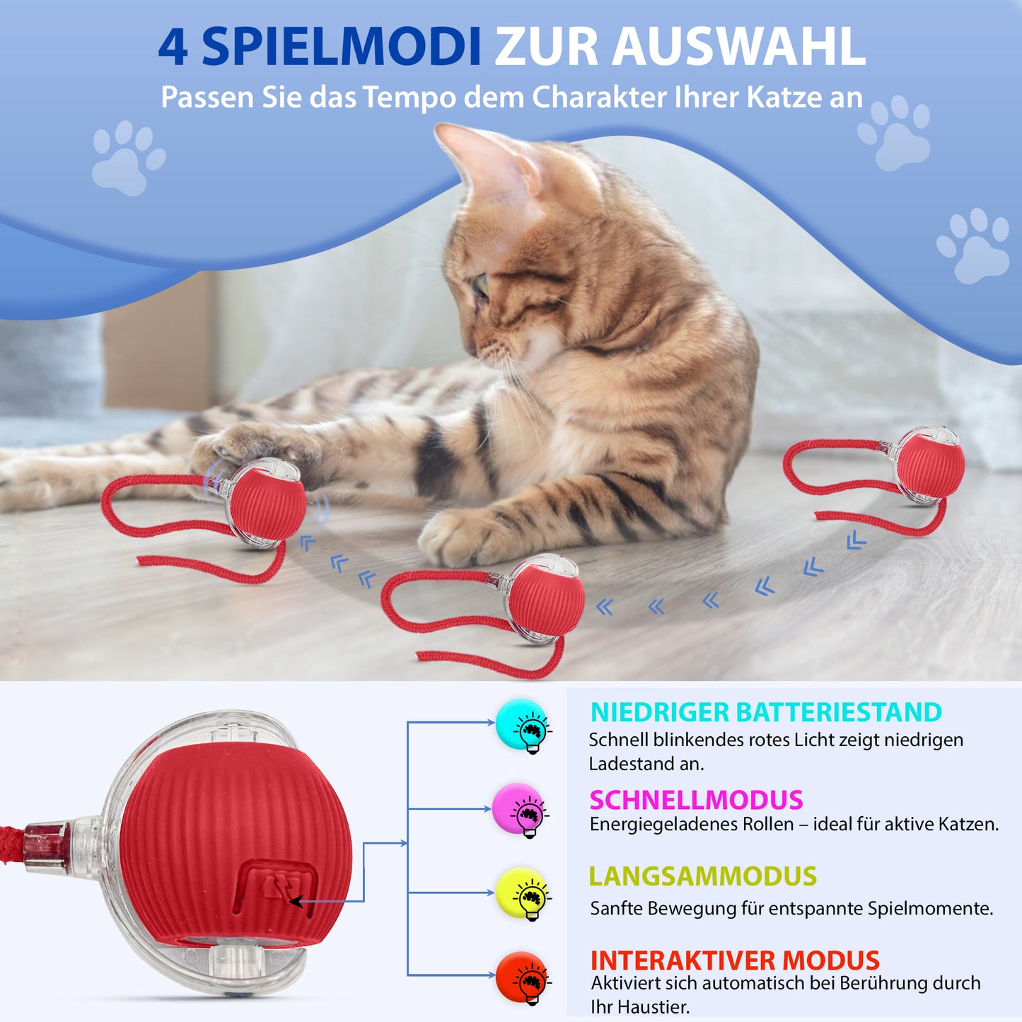 Automatisches Katzenspielzeug mit LED, Bewegung, interaktiv & sicher - Rot