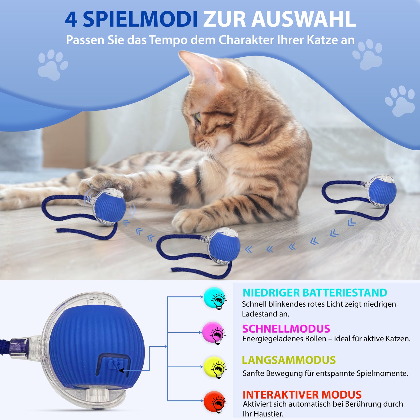 Automatisches Katzenspielzeug mit LED, Bewegung, interaktiv & sicher