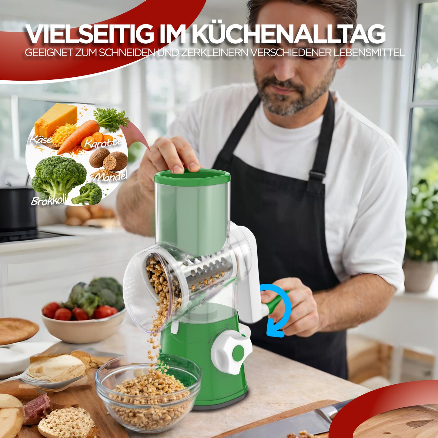 Gemüseschneider mit Kurbel | Manuelle Trommelreibe mit 3 Edelstahl-Klingen | Gemüsehobel & Käsereibe für Gemüse, Käse, Kartoffeln, Gurken & Nüsse