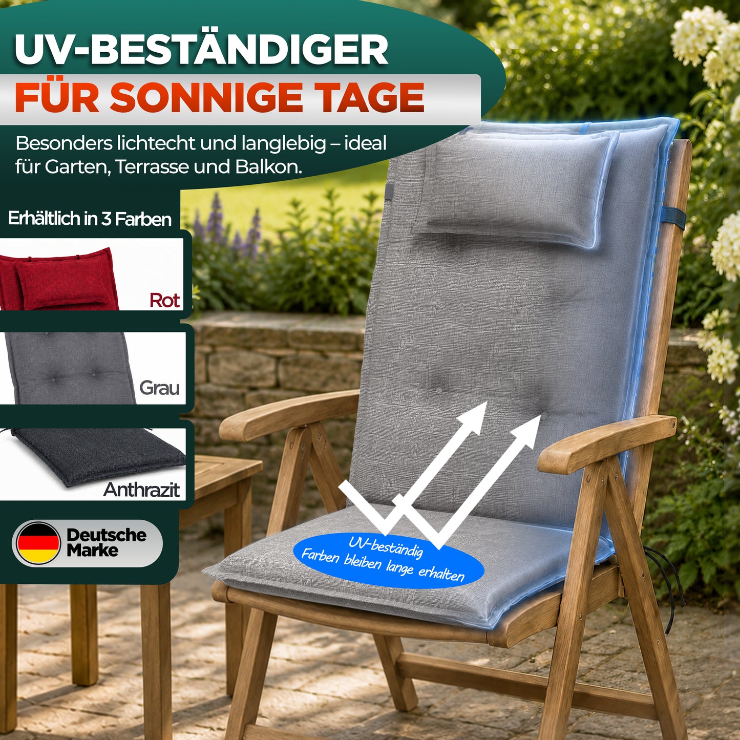 Hochlehnerauflage Hochlehnerauflage 8 cm Dick – Gartenstuhlauflage mit Kopfpolster, (4 St), mit Kopfteil, Pflegeleicht, Komfortpolsterung, Befestigungsbänder