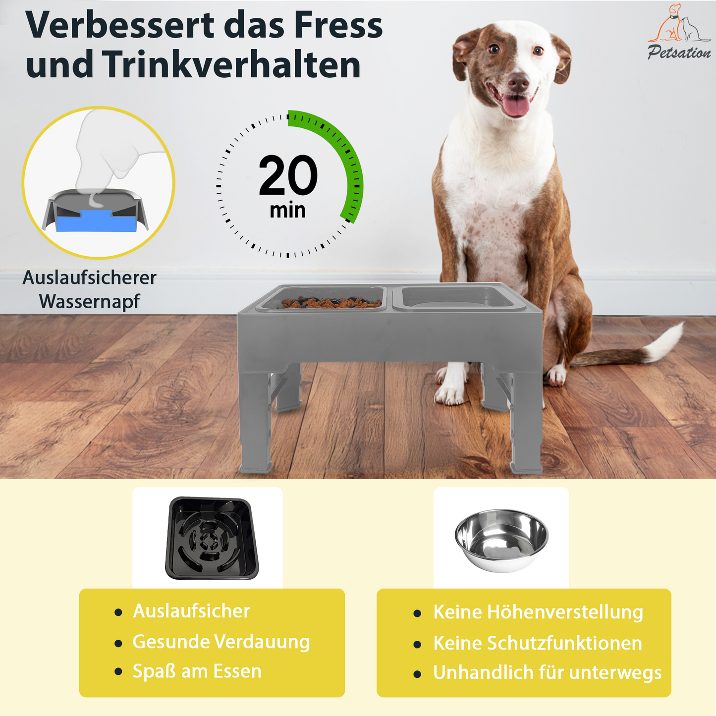 Erhöhter Hundenapf PETSATION – Anti-Schling Napf mit Spritzschutz - Grau