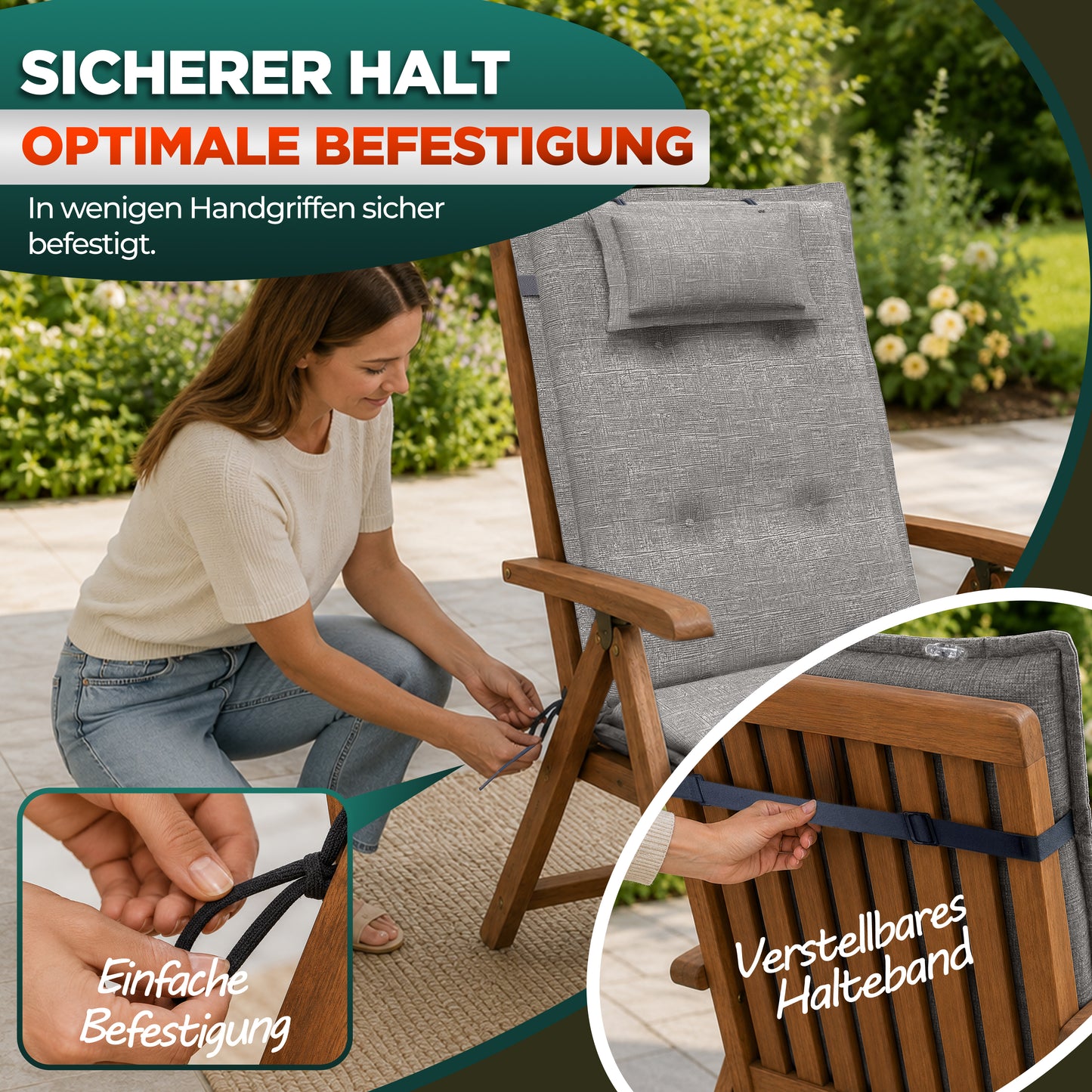 Hochlehnerauflage Hochlehnerauflage 8 cm Dick – Gartenstuhlauflage mit Kopfpolster, (4 St), mit Kopfteil, Pflegeleicht, Komfortpolsterung, Befestigungsbänder