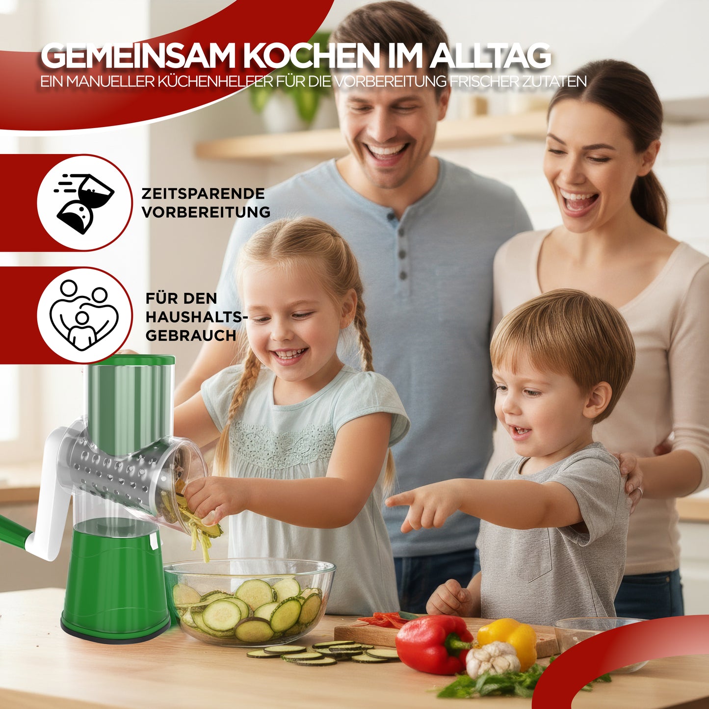 Gemüseschneider mit Kurbel | Manuelle Trommelreibe mit 3 Edelstahl-Klingen | Gemüsehobel & Käsereibe für Gemüse, Käse, Kartoffeln, Gurken & Nüsse