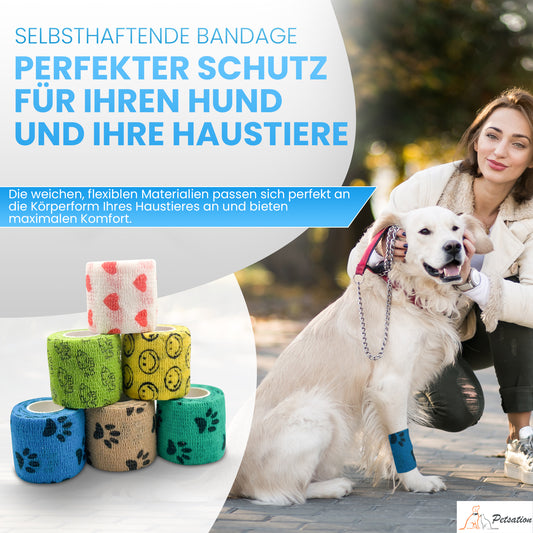 Petsation Bandagen motiv 6er Box – selbsthaftend, elastisch, atmungsaktiv, 5 cm x 4,5 m, ideal für Hunde, Katzen, Pferde – Tierbandage zur Wundversorgung, Pfotenschutz & Stabilisierung – buntes Set mit Motiven