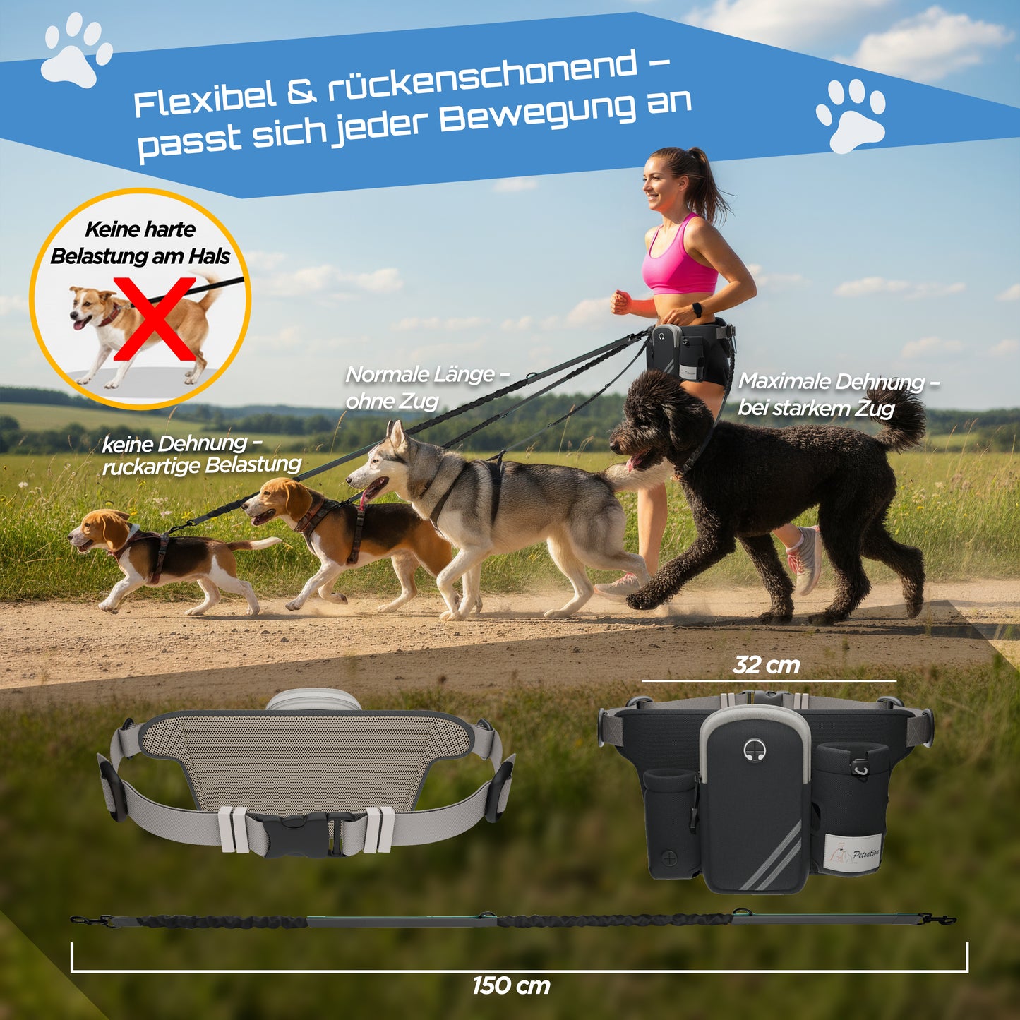 3-in-1 Hands-Free Hundeleine mit Bauchgurt & Hüfttasche – Joggen, Wandern & Training