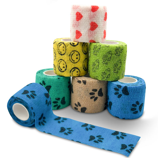 Petsation Bandagen motiv 6er Box – selbsthaftend, elastisch, atmungsaktiv, 5 cm x 4,5 m, ideal für Hunde, Katzen, Pferde – Tierbandage zur Wundversorgung, Pfotenschutz & Stabilisierung – buntes Set mit Motiven