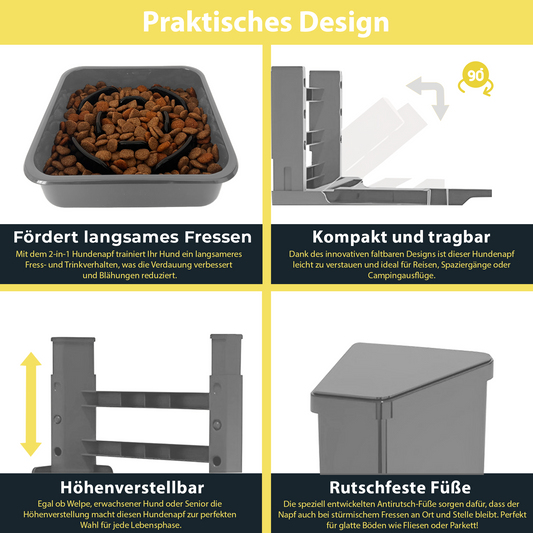 Erhöhter Hundenapf PETSATION – Anti-Schling Napf mit Spritzschutz, rutschfest & ergonomisch – langsames Fressen für Hunde, ideal für große & kleine Hunde – Fressnapf gegen hastiges Fressen Grau