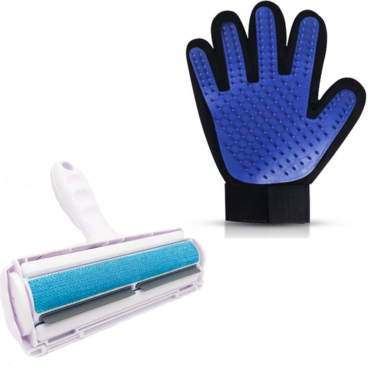 Massagehandschuh für Hunde, Katzen & Pferde rechts + Fusselroller – Tierfellpflege, Fellentferner, sanfte Tiermassage, Tierhaarbürste, Haustierpflege Set, Tierhaarentferner für Sofa, Kleidung & Auto, Tierpflege Zubehör