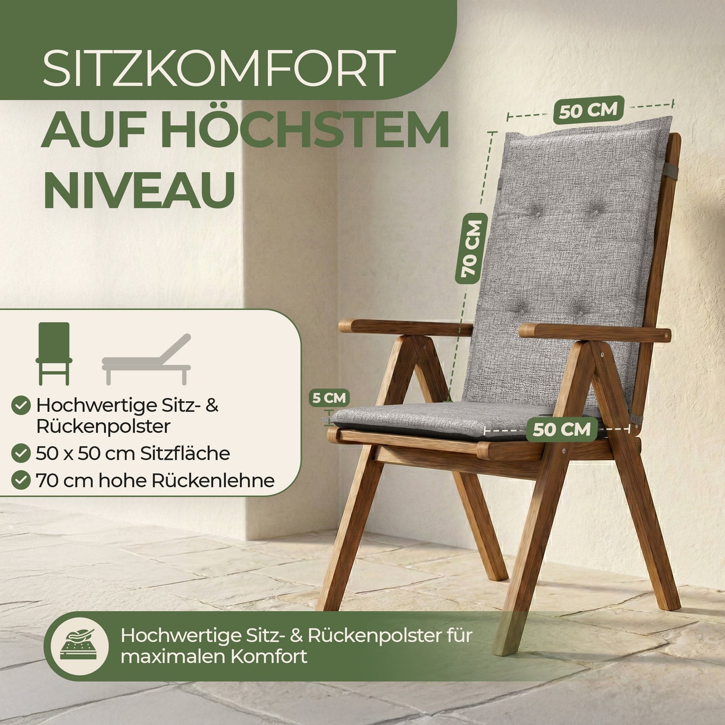 Florence Hochlehner Auflage – Gartenstuhlauflage Hochlehner, Sitzkissen Stuhl, Stuhlkissen & Outdoor Kissen für Gartenmöbel