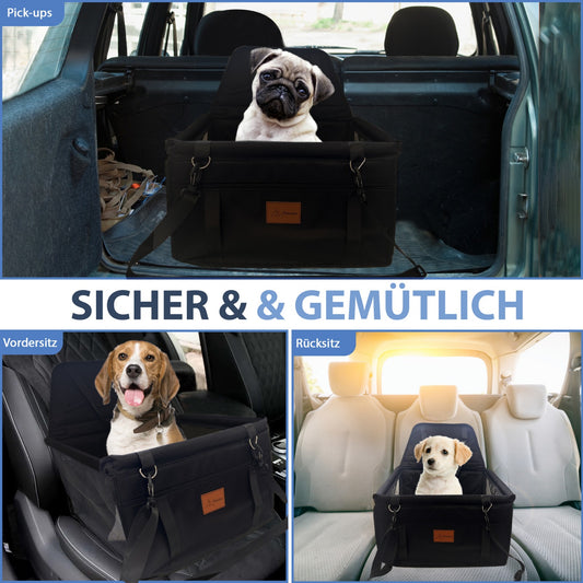 PETSATION Hundeautositz – Wasserdichter & Atmungsaktiver Autositz für Hunde – Robuste Oxford-Tragetasche mit Sicherheitsgurt – Waschbare Haustiermatte für Auto, SUV & Reisen (Schwarz, Standard)