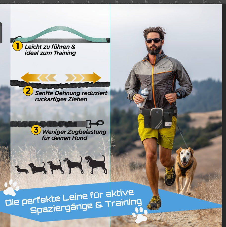 3-in-1 Hands-Free Hundeleine mit Bauchgurt & Hüfttasche – Joggen, Wandern & Training