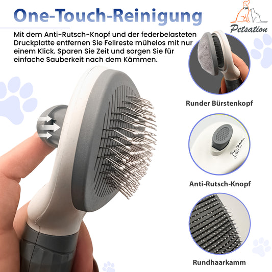PETSATION Tierbürste mit One-Touch-Reinigung für Hunde und Katzen – Effektive Fellpflege Bürste für langes und kurzes Fell, Entfernen von losen Haaren, Verfilzungen und Schmutz – Ergonomisches Design, leicht zu reinigen, für Tierbesitzer! Grau