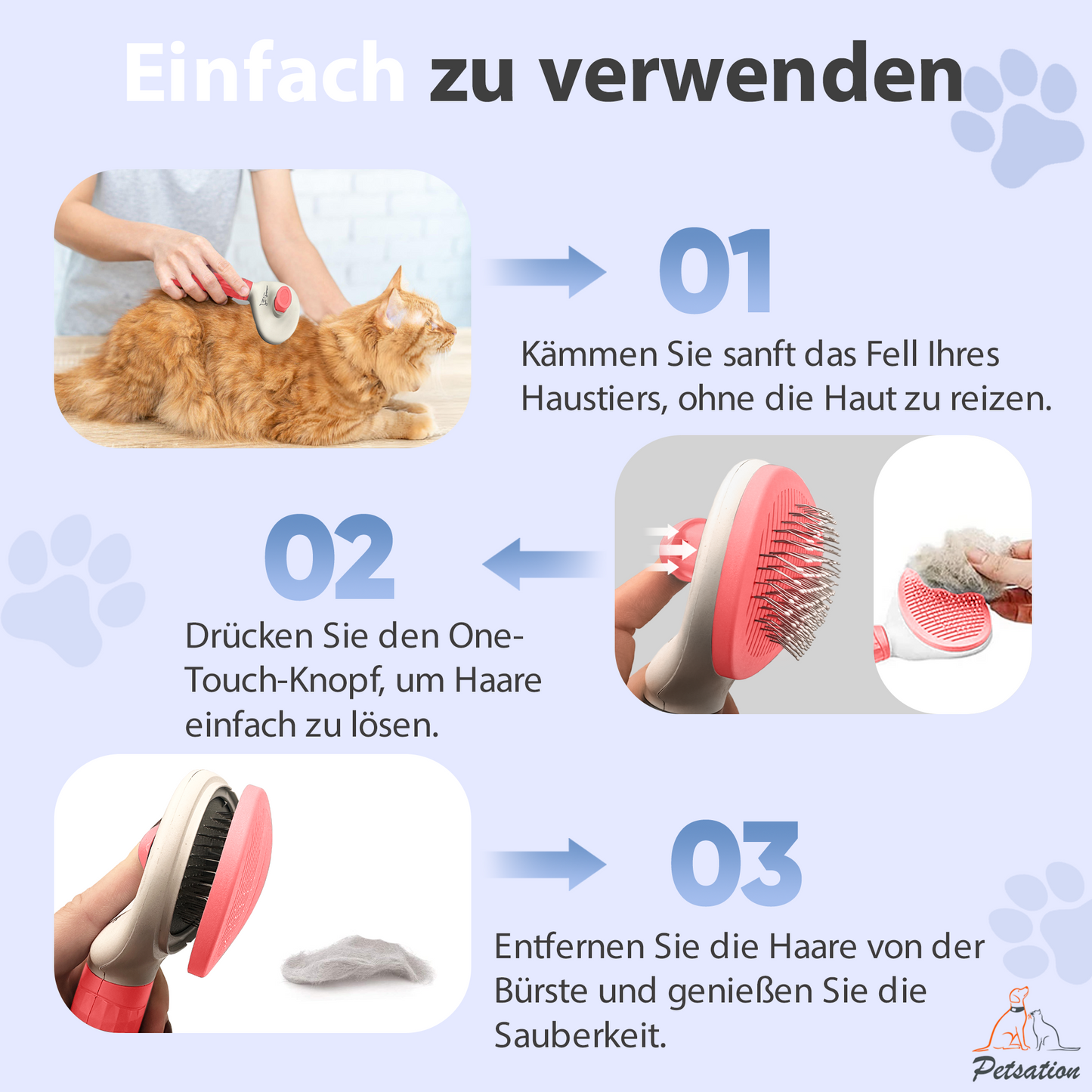 PETSATION Tierbürste mit One-Touch-Reinigung für Hunde und Katzen –  Pink